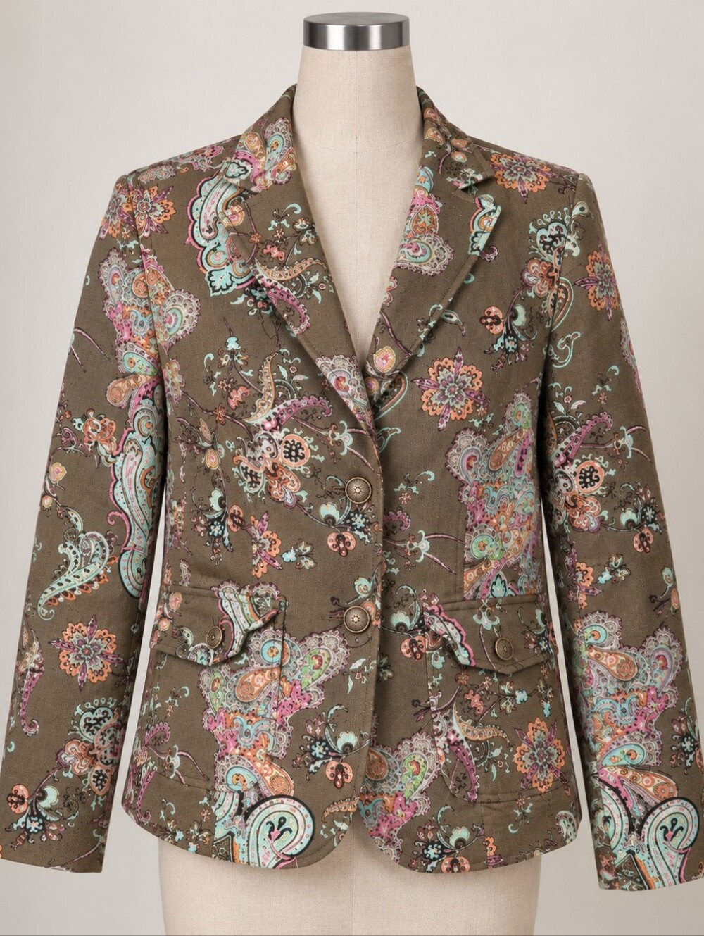 STEILMANN Paisley Print Tailored Blazer Jacket Size Medium Brown Pink Aqua Boho